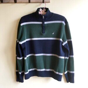 Nautica Men’s 1/4 Zip Striped Sweater Green Navy White Cotton Size M